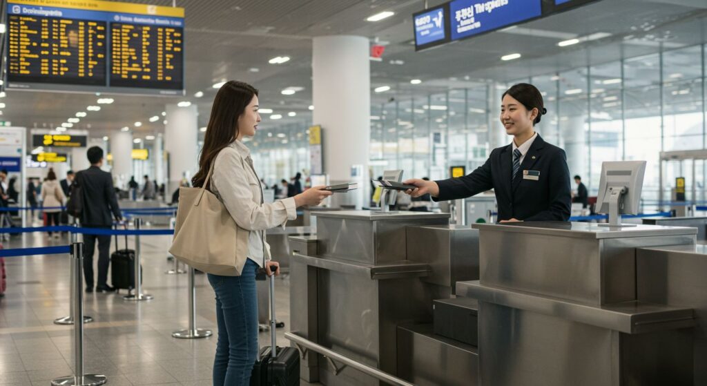 a woman standing next to a woman with her luggage